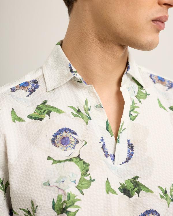 Orlebar Brown Orlebar Brown | Men's Relaxed Fit Open Resort Placket Coronaria Print Seersucker Shirt – ORLEBAR BROWN