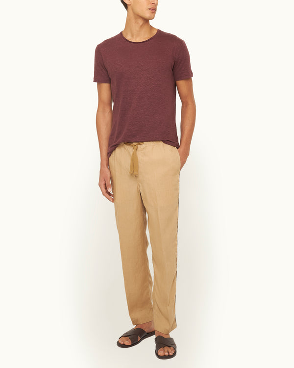 Orlebar Brown Orlebar Brown | Men's Relaxed Fit Piping Linen Trousers In Biscuit Beige/Damson Red – ORLEBAR BROWN