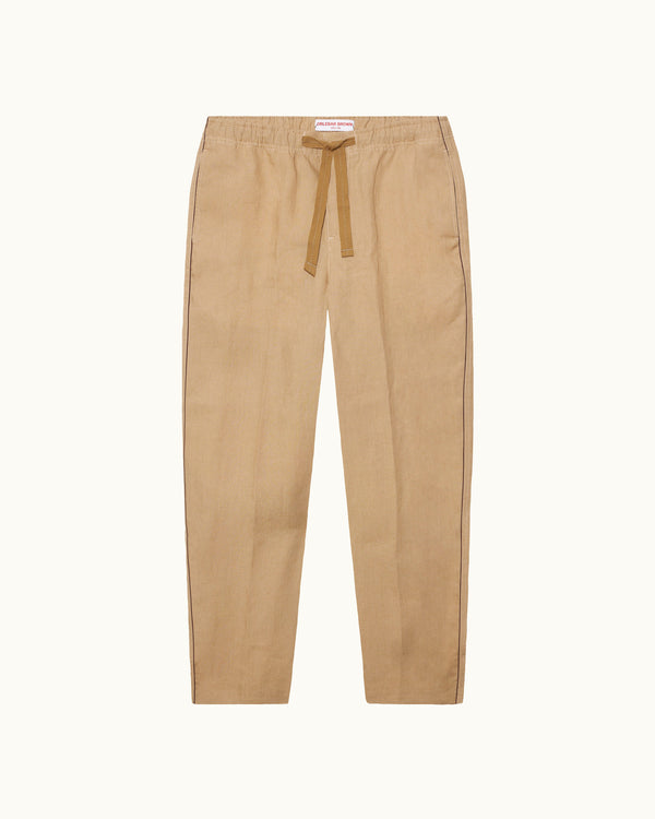 orlebar brown Orlebar Brown | Men's Relaxed Fit Piping Linen Trousers in Biscuit Beige/Damson Red – ORLEBAR BROWN