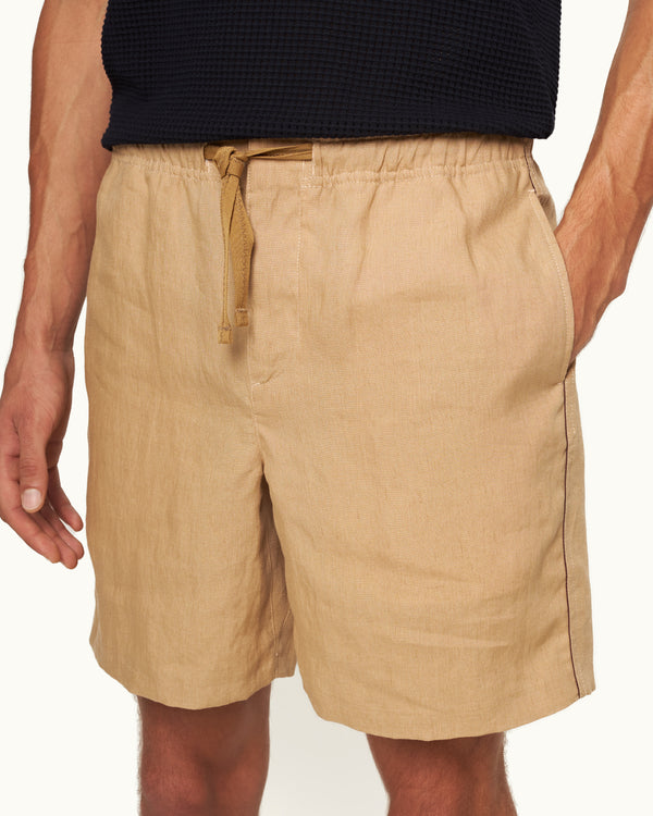Orlebar Brown Orlebar Brown | Men's Relaxed Fit Piping Seam Linen Drawcord Shorts In Biscuit Beige/Damson Red – ORLEBAR BROWN