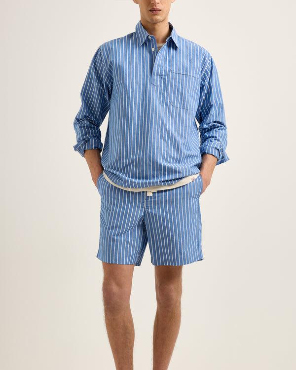 Orlebar Brown Orlebar Brown | Men's Relaxed Fit Striped Drawcord Linen Shorts In Catalina Blue/White Sand – ORLEBAR BROWN