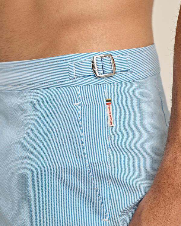 Orlebar Brown Orlebar Brown | Men's Shorter-Length Seersucker Stripe Swim Shorts In Aqua Blue/White Stripe – ORLEBAR BROWN