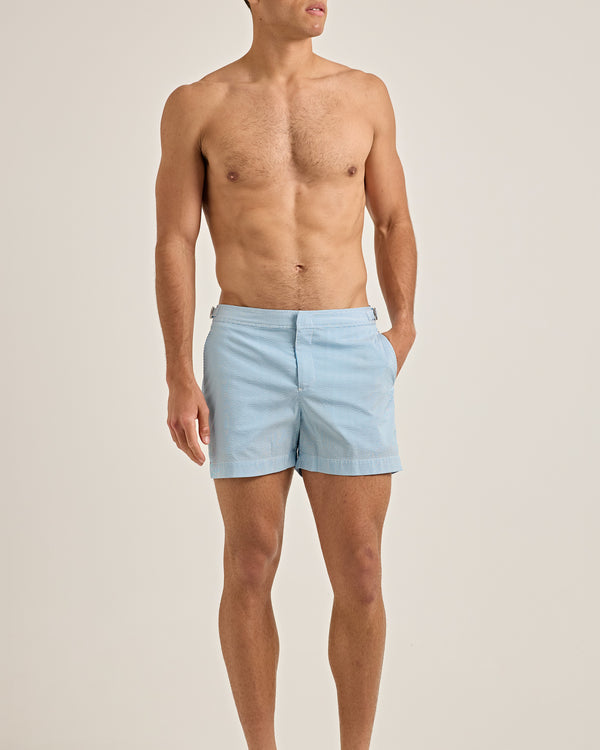 Orlebar Brown Orlebar Brown | Men's Shorter-Length Seersucker Stripe Swim Shorts In Aqua Blue/White Stripe – ORLEBAR BROWN