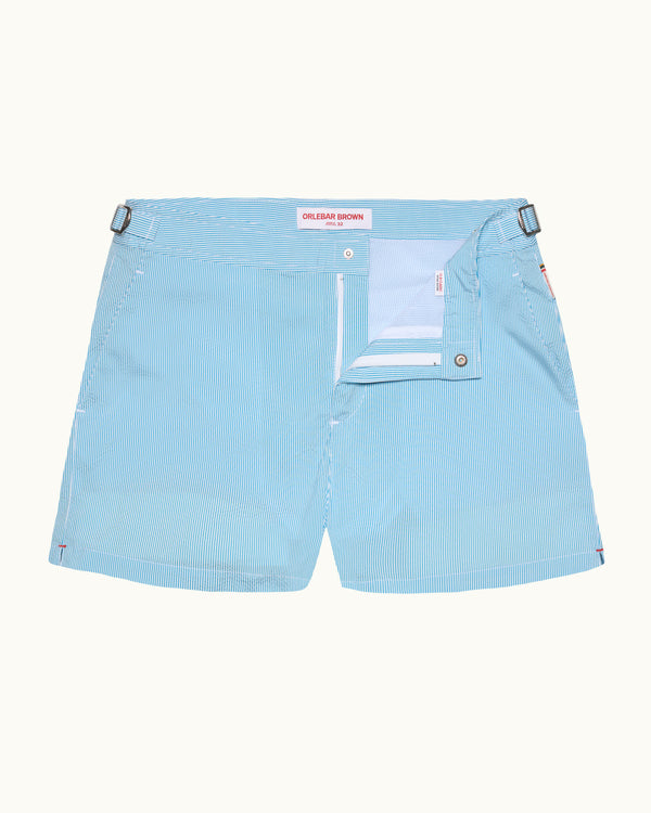 orlebar brown Orlebar Brown | Men's Shorter-Length Seersucker Stripe Swim Shorts in Aqua Blue/White Stripe – ORLEBAR BROWN