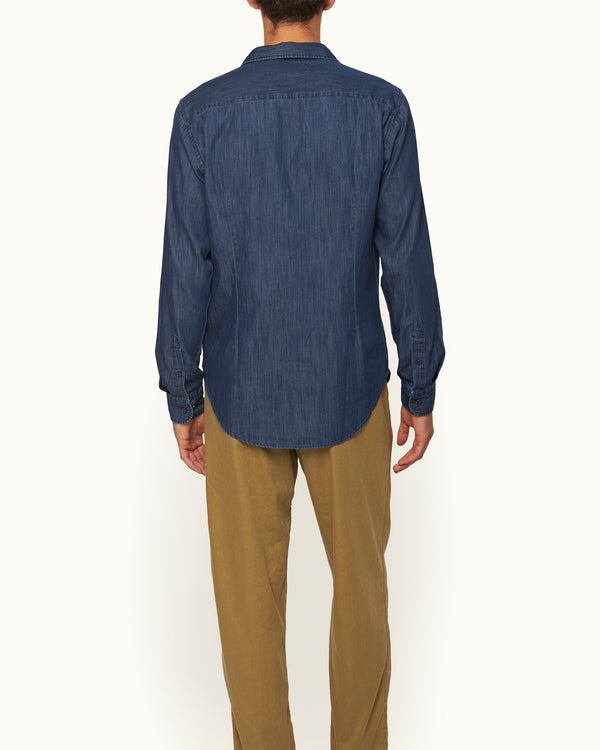 Orlebar Brown Orlebar Brown | Men's Tailored Fit Classic Collar Lightweight Denim Shirt In Washed Indigo Blue – ORLEBAR BROWN