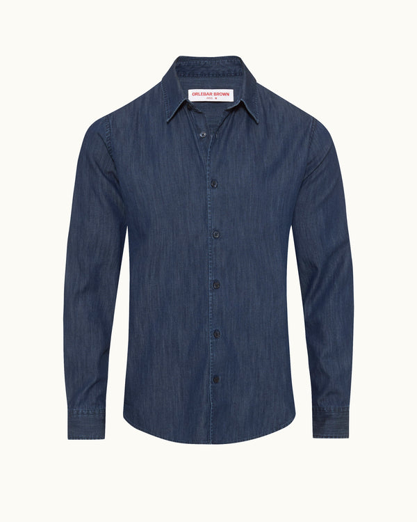 orlebar brown Orlebar Brown | Men's Tailored Fit Classic Collar Lightweight Denim Shirt in Washed Indigo Blue – ORLEBAR BROWN