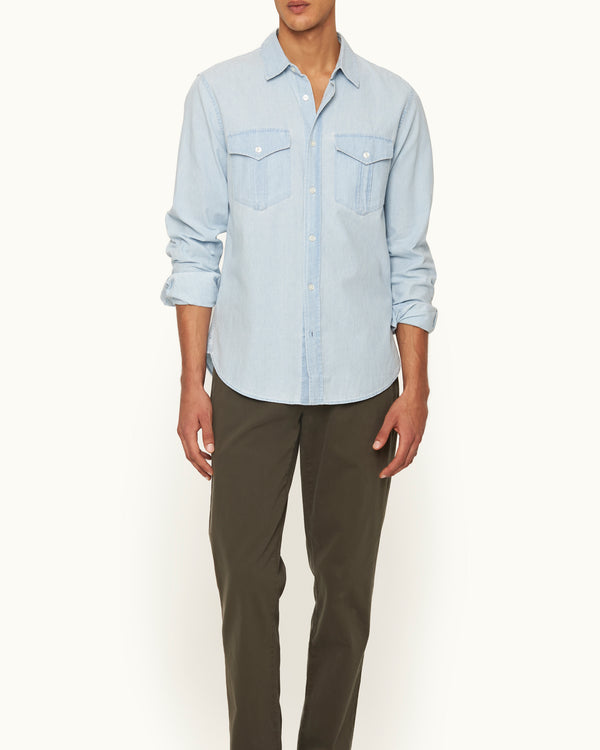 Orlebar Brown Orlebar Brown | Men's Tailored Fit Classic Collar Long-Sleeve Cotton Chambray Shirt In Wave Blue – ORLEBAR BROWN