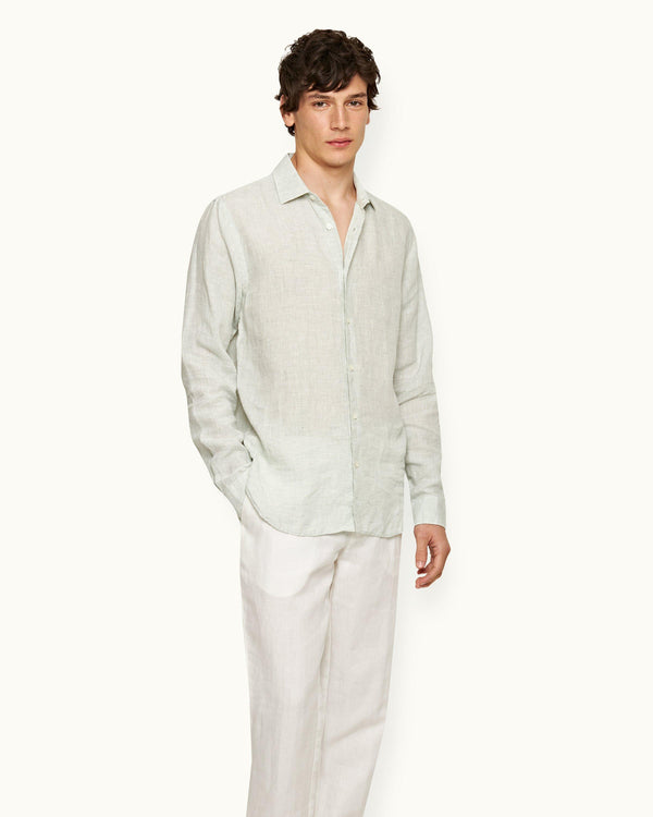 Orlebar Brown Orlebar Brown | Men's Tailored Fit Classic Collar Long-Sleeve Lightweight Linen Shirt In White Jade/White – ORLEBAR BROWN
