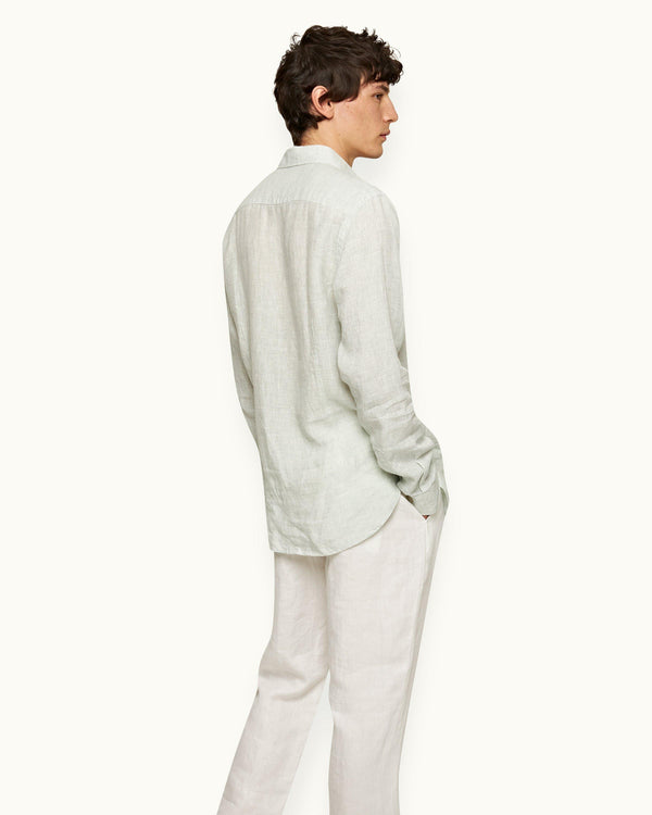 Orlebar Brown Orlebar Brown | Men's Tailored Fit Classic Collar Long-Sleeve Lightweight Linen Shirt In White Jade/White – ORLEBAR BROWN