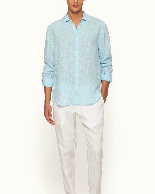 Orlebar Brown Orlebar Brown | Men's Tailored Fit Classic Collar Long-Sleeve Lightweight Linen Shirt In Aqua Blue/White – ORLEBAR BROWN