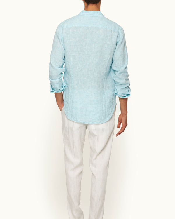 Orlebar Brown Orlebar Brown | Men's Tailored Fit Classic Collar Long-Sleeve Lightweight Linen Shirt In Aqua Blue/White – ORLEBAR BROWN