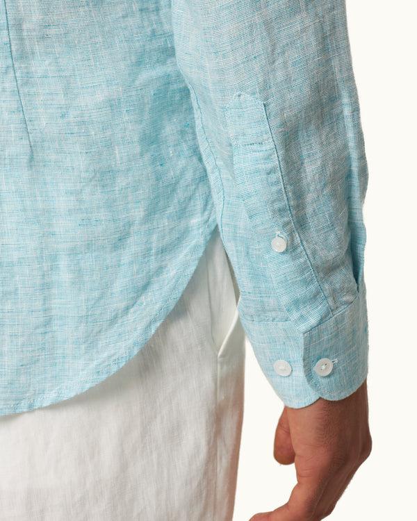 Orlebar Brown Orlebar Brown | Men's Tailored Fit Classic Collar Long-Sleeve Lightweight Linen Shirt In Aqua Blue/White – ORLEBAR BROWN