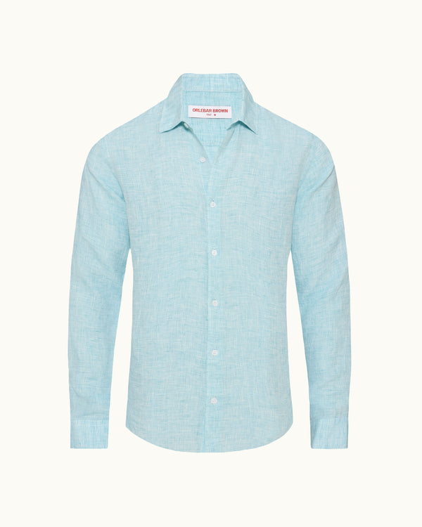 orlebar brown Orlebar Brown | Men's Tailored Fit Classic Collar Long-Sleeve Lightweight Linen Shirt in Aqua Blue/White – ORLEBAR BROWN
