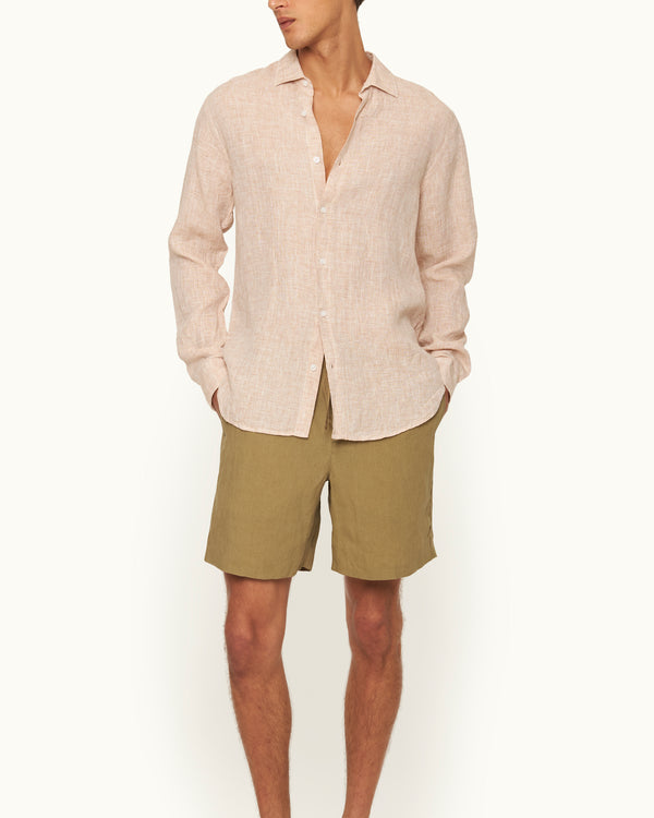 Orlebar Brown Orlebar Brown | Men's Tailored Fit Classic Collar Long-Sleeve Lightweight Linen Shirt In Ember Orange/White – ORLEBAR BROWN