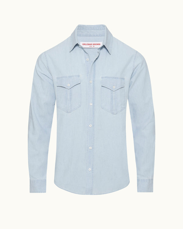 orlebar brown Orlebar Brown | Men's Tailored Fit Classic Collar Long-Sleeve Cotton Chambray Shirt in Wave Blue – ORLEBAR BROWN