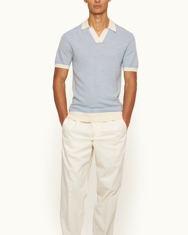 Orlebar Brown Orlebar Brown | Men's Tailored Fit Contrast Texture Merino Polo Shirt In River Blue/White Sand – ORLEBAR BROWN