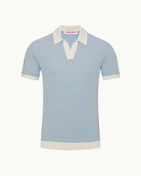 orlebar brown Orlebar Brown | Men's Tailored Fit Contrast Texture Merino Polo Shirt in River Blue/White Sand – ORLEBAR BROWN