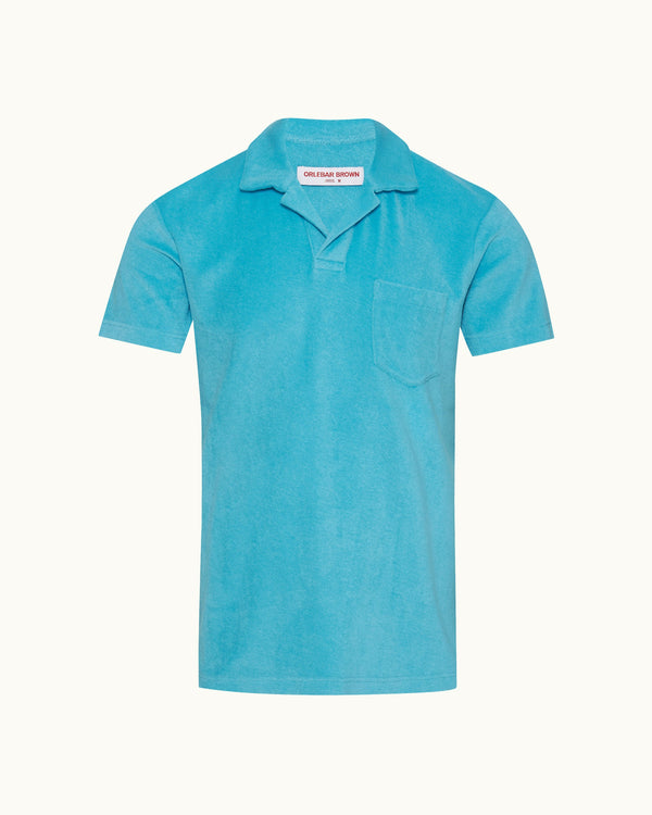 orlebar brown Orlebar Brown | Men's Tailored Fit Cotton Towelling Resort Polo Shirt in Aqua Blue – ORLEBAR BROWN