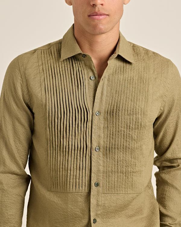 Orlebar Brown Orlebar Brown | Men's Tailored Fit Linen Shirt With Pleated Bib In Agave Green – ORLEBAR BROWN