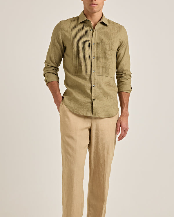 Orlebar Brown Orlebar Brown | Men's Tailored Fit Linen Shirt With Pleated Bib In Agave Green – ORLEBAR BROWN