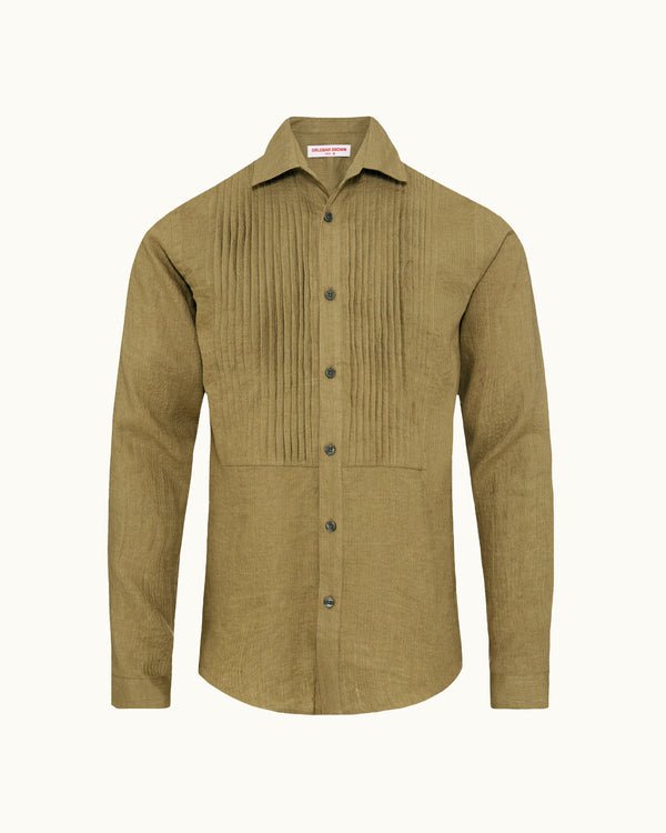 orlebar brown Orlebar Brown | Men's Tailored Fit Linen Shirt With Pleated Bib In Agave Green – ORLEBAR BROWN