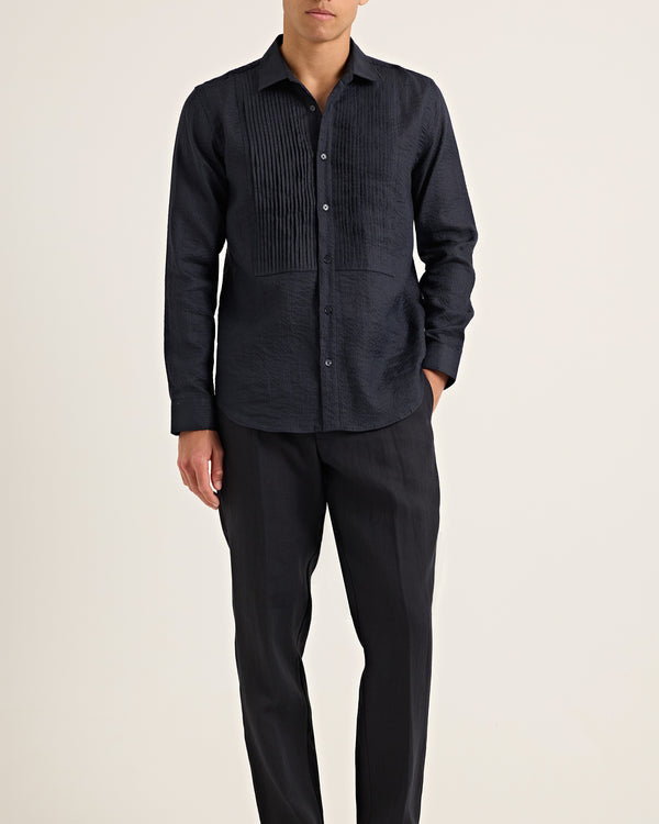 Orlebar Brown Orlebar Brown | Men's Tailored Fit Linen Shirt With Pleated Bib In Night Iris – ORLEBAR BROWN