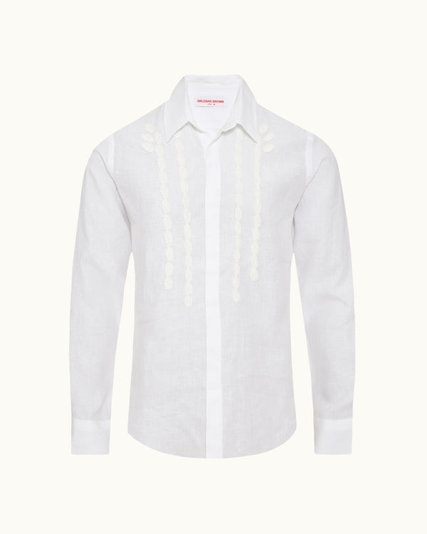 orlebar brown Orlebar Brown | Men's Tailored Fit Linen Shirt With Leaf Applique In White – ORLEBAR BROWN