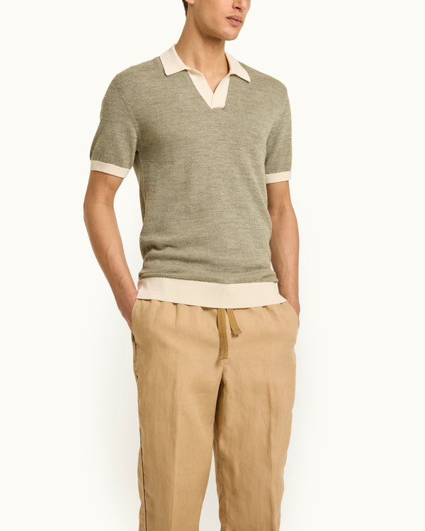 Orlebar Brown Orlebar Brown | Men's Tailored Fit Mixed Texture Knit Polo Shirt In Khaki Green/White Sand – ORLEBAR BROWN