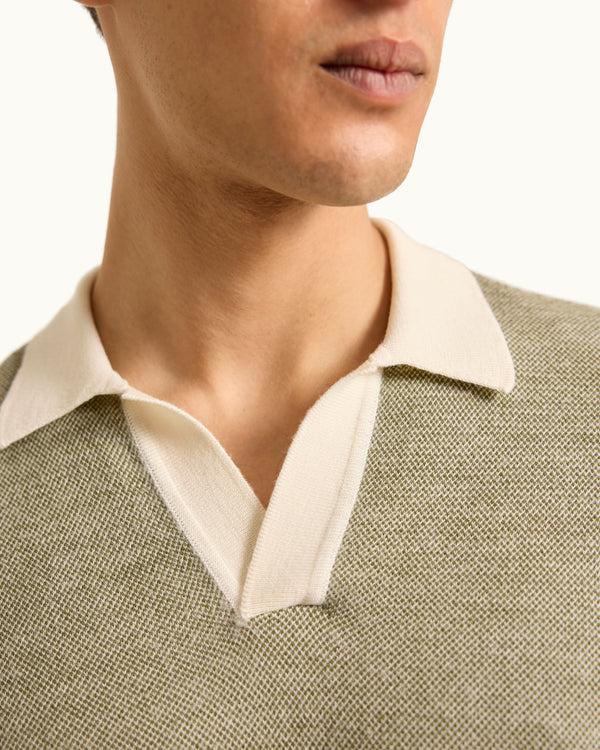 Orlebar Brown Orlebar Brown | Men's Tailored Fit Mixed Texture Knit Polo Shirt In Khaki Green/White Sand – ORLEBAR BROWN