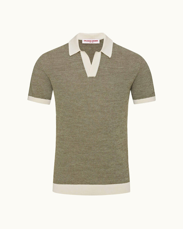 orlebar brown Orlebar Brown | Men's Tailored Fit Mixed Texture Knit Polo Shirt in Khaki Green/White Sand – ORLEBAR BROWN orlebar brown Orlebar Brown | Men's Tailored Fit Mixed Texture Knit Polo Shirt in Khaki Green/White Sand – ORLEBAR BROWN