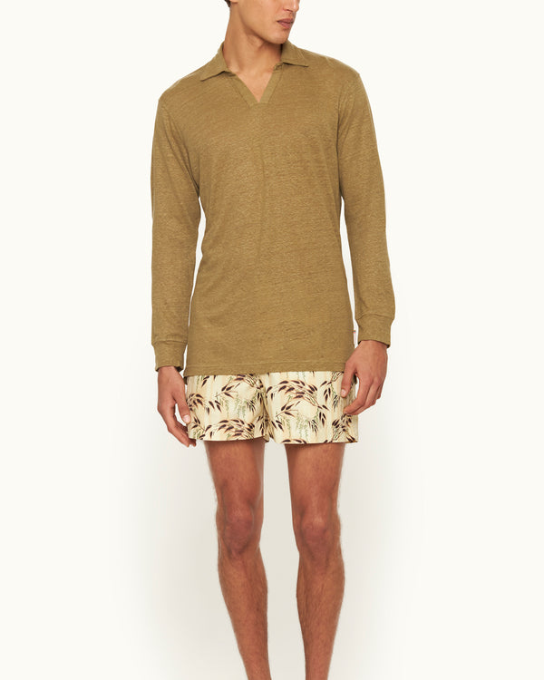 Orlebar Brown Orlebar Brown | Men's Tailored Fit Resort Collar Long-Sleeve Linen Polo Shirt In Agave Green – ORLEBAR BROWN