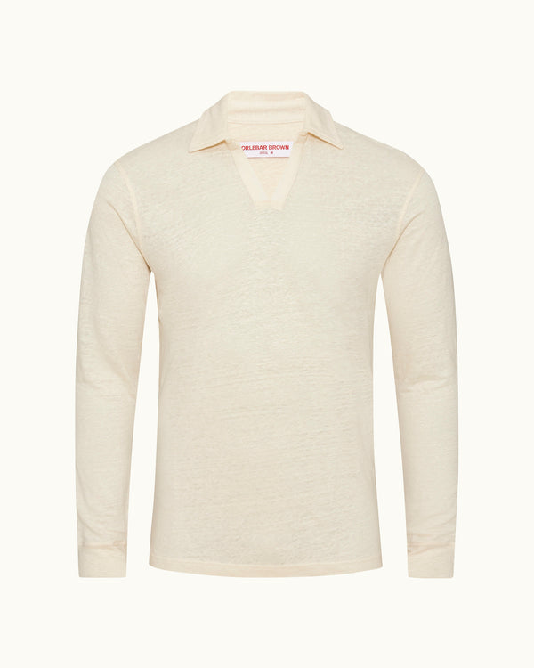 orlebar brown Orlebar Brown | Men's Tailored Fit Resort Collar Long-Sleeve Linen Polo Shirt in Latte Cream – ORLEBAR BROWN