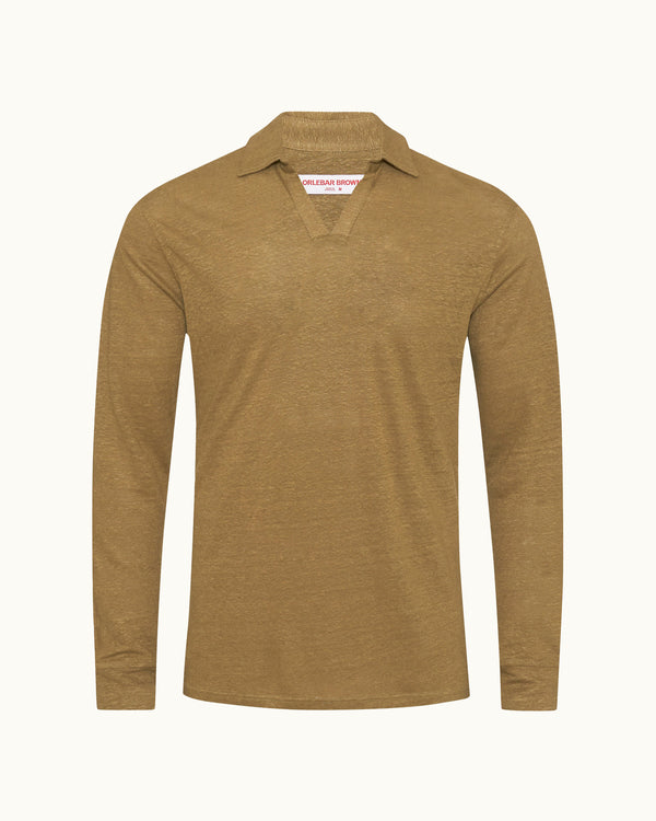 orlebar brown Orlebar Brown | Men's Tailored Fit Resort Collar Long-Sleeve Linen Polo Shirt in Agave Green – ORLEBAR BROWN