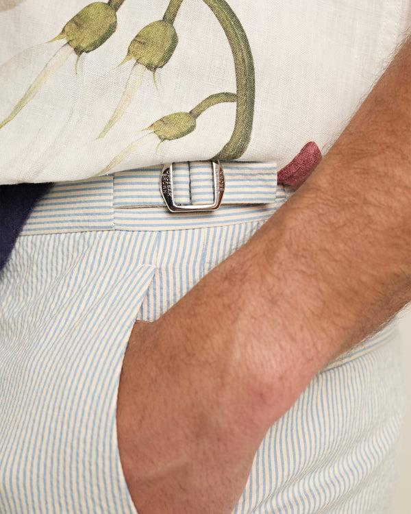 Orlebar Brown Orlebar Brown | Men's Tailored Fit Seersucker Shorts In Wave Blue/White Sand Stripe – ORLEBAR BROWN