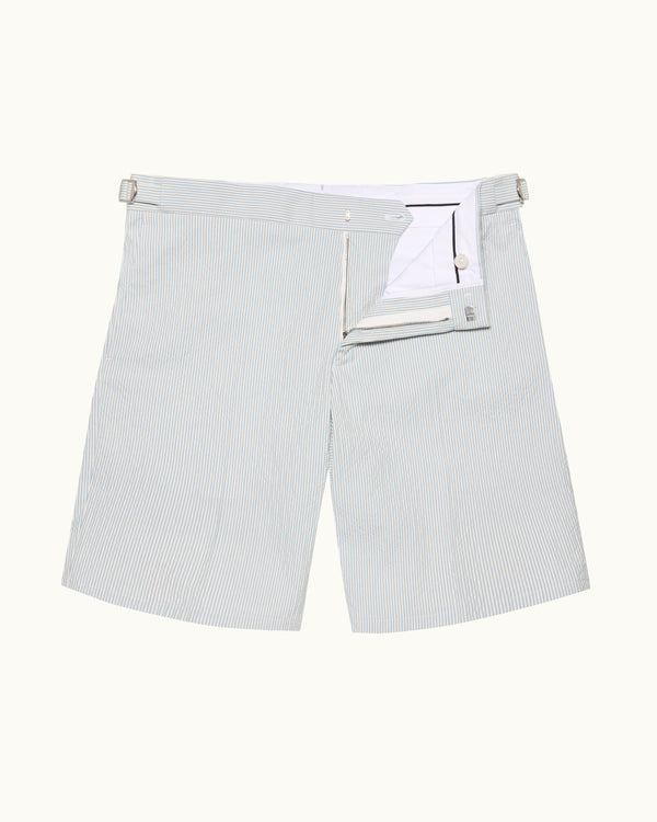 orlebar brown Orlebar Brown | Men's Tailored Fit Seersucker Shorts in Wave Blue/White Sand Stripe – ORLEBAR BROWN