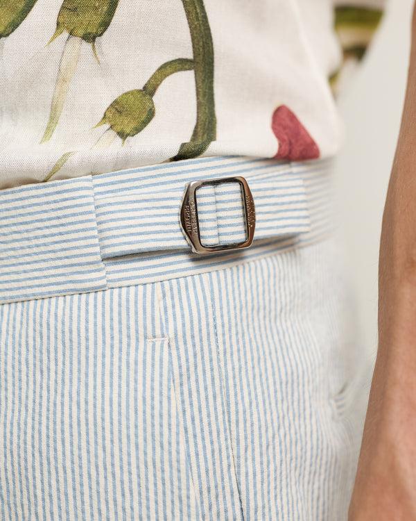 Orlebar Brown Orlebar Brown | Men's Tailored Fit Smart Italian Seersucker Trousers In Wave Blue/White Sand Stripe – ORLEBAR BROWN