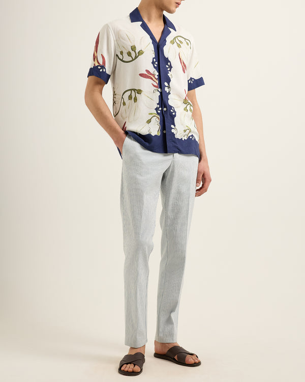 Orlebar Brown Orlebar Brown | Men's Tailored Fit Smart Italian Seersucker Trousers In Wave Blue/White Sand Stripe – ORLEBAR BROWN