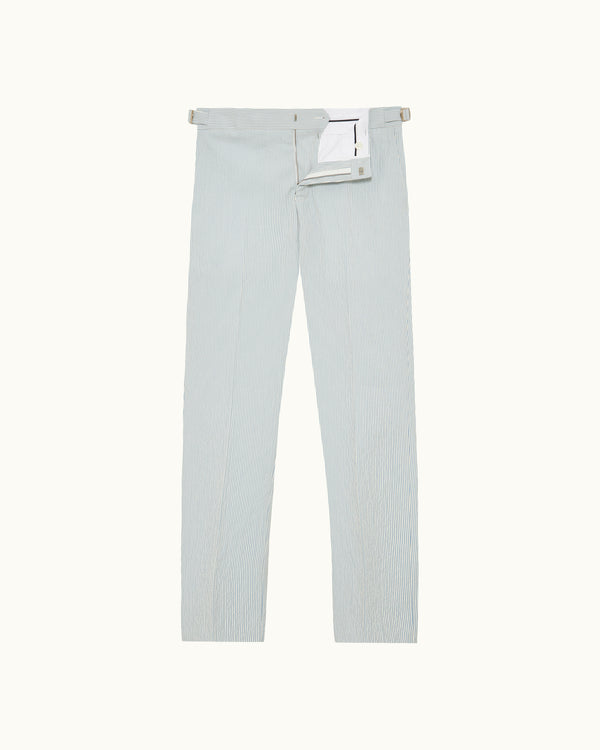 orlebar brown Orlebar Brown | Men's Tailored Fit Smart Italian Seersucker Trousers in Wave Blue/White Sand Stripe – ORLEBAR BROWN