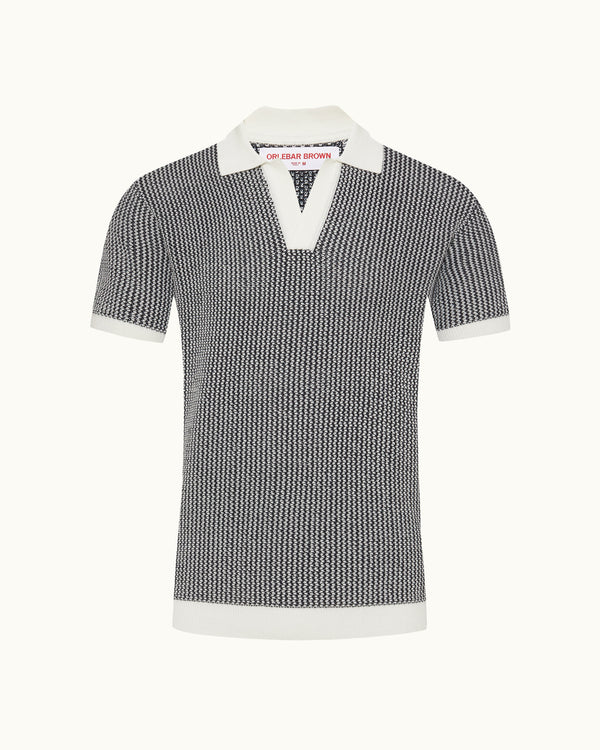orlebar brown Orlebar Brown | Men's Tailored Fit Two-Colour Chevron Cotton Knit Polo Shirt in White Sand/Night Iris Blue – ORLEBAR BROWN