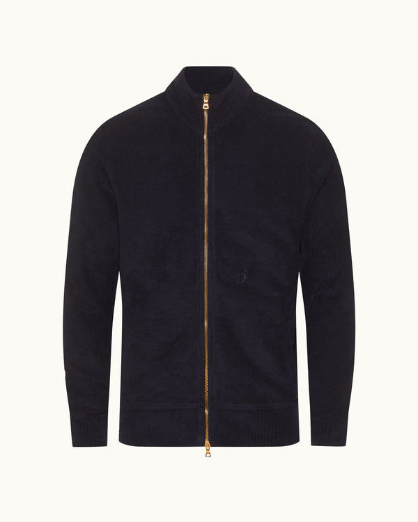 orlebar brown Orlebar Brown | Men's Zip-Thru Scaramanga Towelling Sweatshirt in Dark Blue | 007 Gold Collection – ORLEBAR BROWN