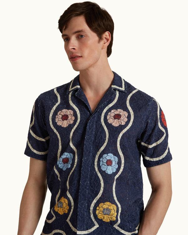 Orlebar Brown Orlebar Brown | Midnight Navy Broderie Anglaise Relaxed Fit Capri Collar Shirt – ORLEBAR BROWN