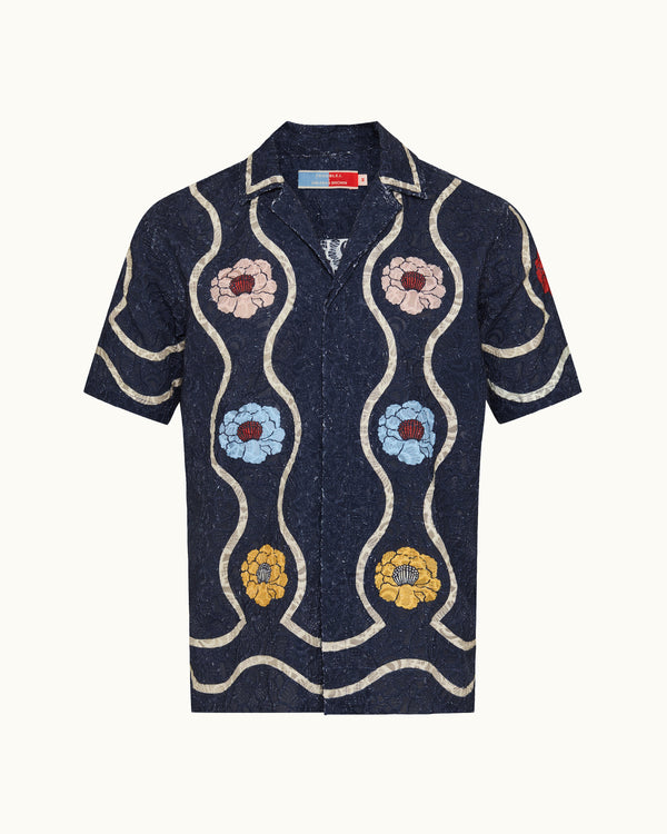 orlebar brown Orlebar Brown | Midnight Navy Broderie Anglaise Relaxed Fit Capri Collar Shirt – ORLEBAR BROWN