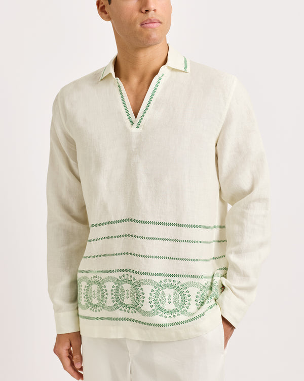 Orlebar Brown Orlebar Brown | Relaxed Fit Long-sleeve Overhead Shirt In White Sand And Tarragon Green – ORLEBAR BROWN