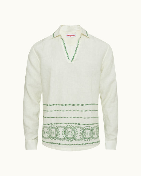 orlebar brown Orlebar Brown | Relaxed fit long-sleeve overhead shirt In White Sand And Tarragon Green – ORLEBAR BROWN