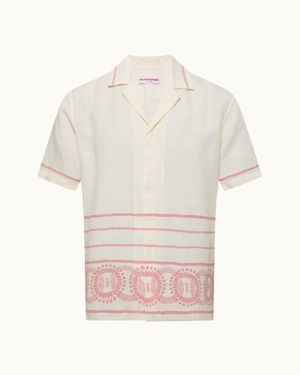 orlebar brown Orlebar Brown | Relaxed fit short-sleeve 100% Linen Resort Shirt In White Sand And Summer Red – ORLEBAR BROWN