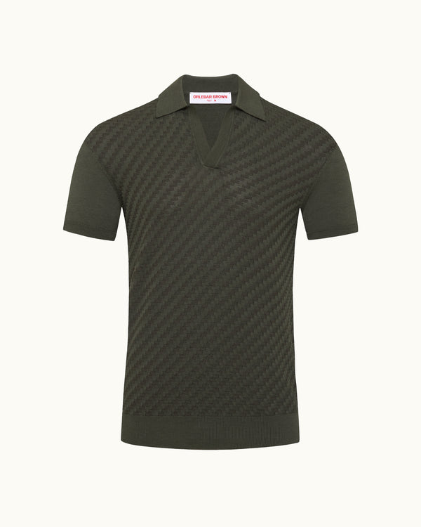 orlebar brown Orlebar Brown | Tailored Fit Silk And Cotton Blend Jacquard Polo Shirt In Dark Herbal Green – ORLEBAR BROWN