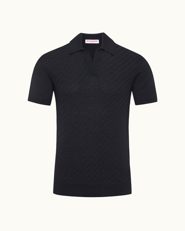 orlebar brown Orlebar Brown | Tailored Fit Silk And Cotton Blend Jacquard Polo Shirt In Night Iris – ORLEBAR BROWN