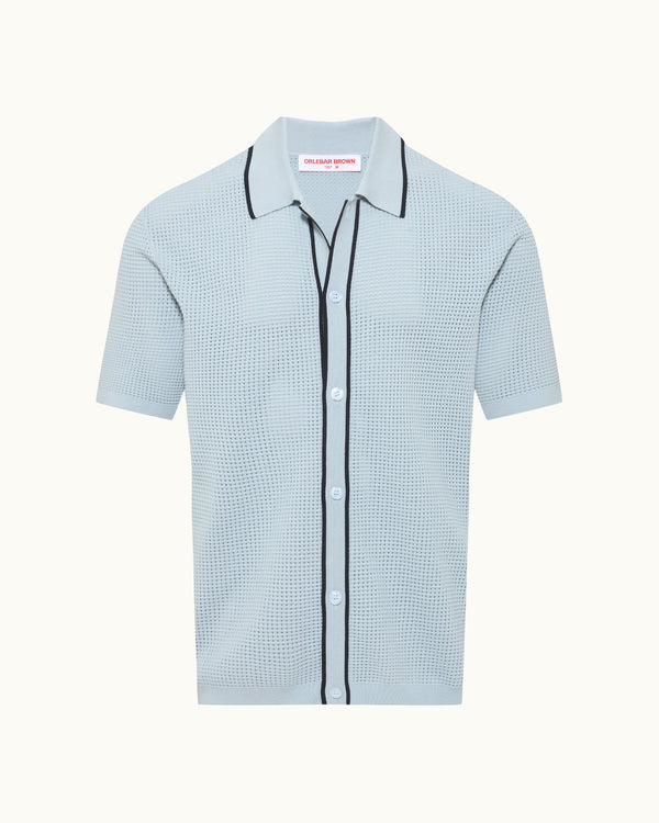 orlebar brown Orlebar Brown | Tailored Fit Waffle Mesh Stitch Polo Shirt In Light Sky Pool And Night Iris – ORLEBAR BROWN