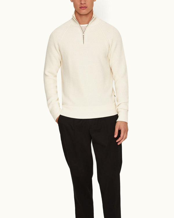 Orlebar Brown Orlebar Brown | White Sand Men's Classic Fit Half-Zip Ribbed Merino Jumper – ORLEBAR BROWN