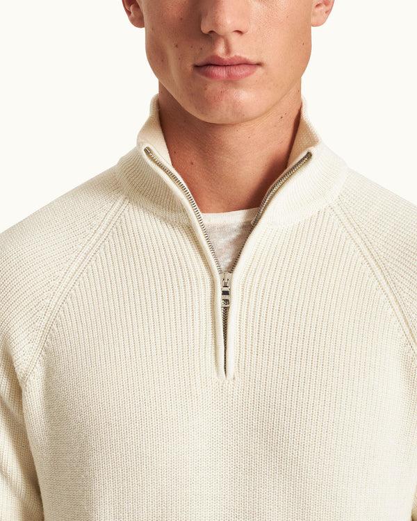 Orlebar Brown Orlebar Brown | White Sand Men's Classic Fit Half-Zip Ribbed Merino Jumper – ORLEBAR BROWN